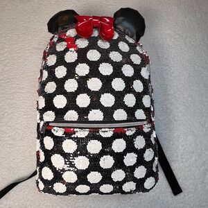 Disney Minnie Mouse Sequin Backpack Red Black Polka Dot Ears Bow Mini Backpack